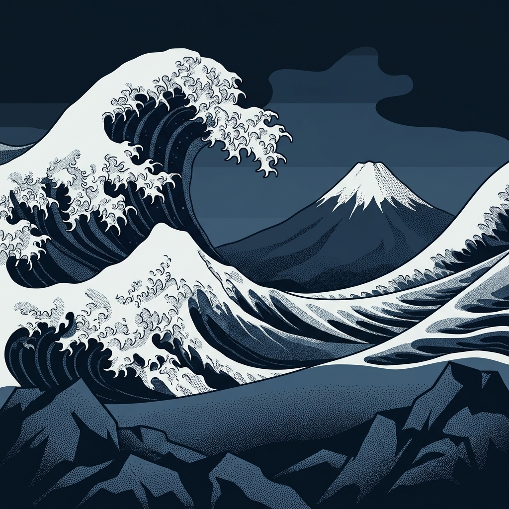 Hokusai wave graphic illustration with stippled halftone dot shading